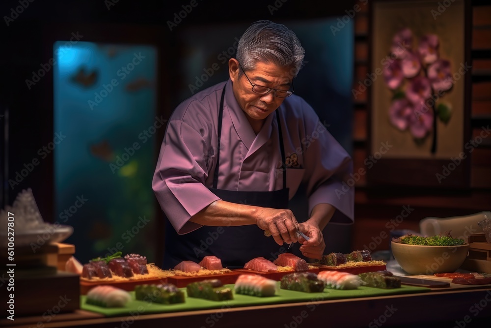 Master making a sushi roll with nori, rice, cucumber and omelet using bamboo mat. Closeup view of process. ai generated