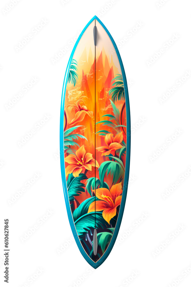 Isolated colorful surfboard with hawaiian motifs on cutout PNG transparent background. Generative AI Isolated colorful surfboard with hawaiian motifs on cutout PNG transparent background. Generative AI