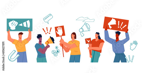People protest and fight for human rights, freedom and democracy, social and gender equality, flat vector illustration isolated on white. People with political posters take part in protest action.
