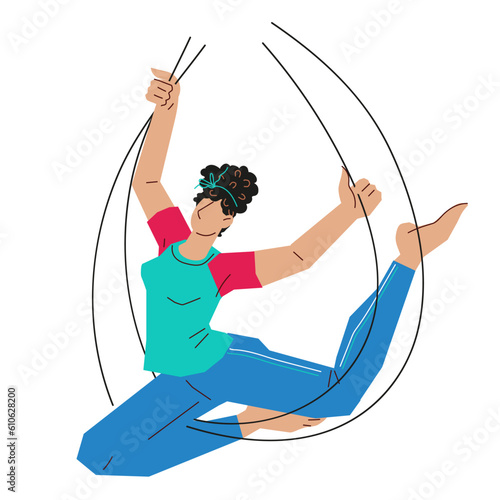 Woman practices fly yoga or yoga on canvas, flat vector illustration isolated on white background. Fly or aerial yoga fitness training.
