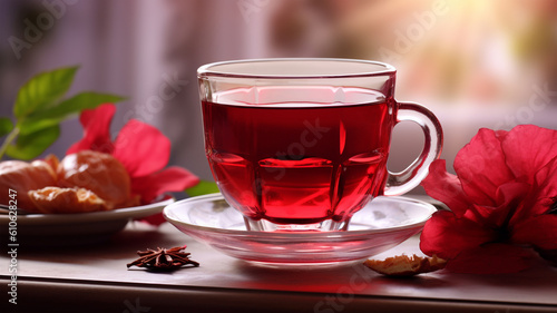 Hot tea with hibiscus in a glass cup  flower petals and splashes  the concept of longevity