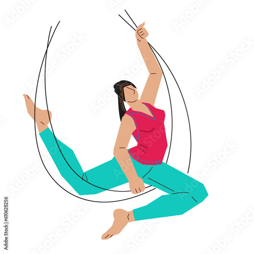 Woman wearing sportswear doing fly yoga on canvas, flat vector illustration isolated on white background. Fly or aerial yoga fitness concept character.