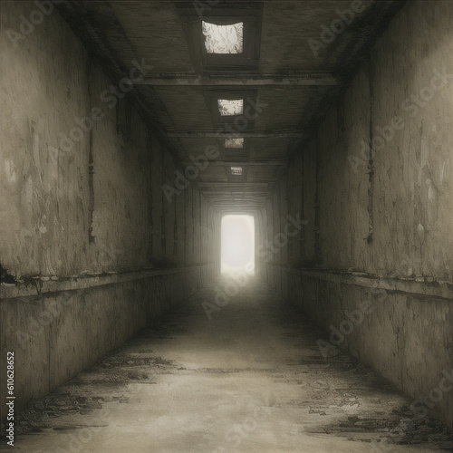 old abandoned building, corridor with rooms, giving eerie, creepy vibes, cracks on wall, haunted mansion, high quality images good for story telling,  