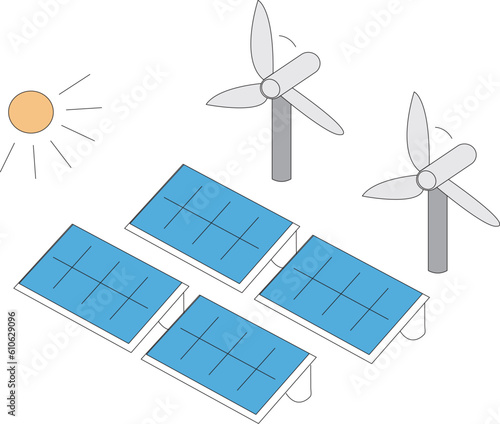 solar panels and wind turbine