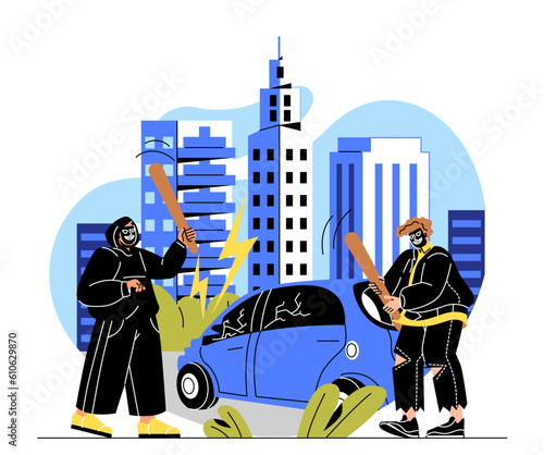 Vandals near broken car concept. Men in masks with bits break automobile at background of city. Sabotage, demolition and destruction. Gangsters in balaclava. Cartoon flat vector illustration