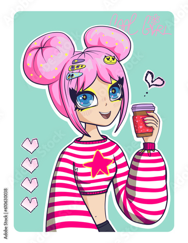 Anime School girl with pink hair drawing in comics style on light green  background. Manga teenager girl illustration. Women smiling with big eyes. Female print. Pretty model. Pink hairstyle