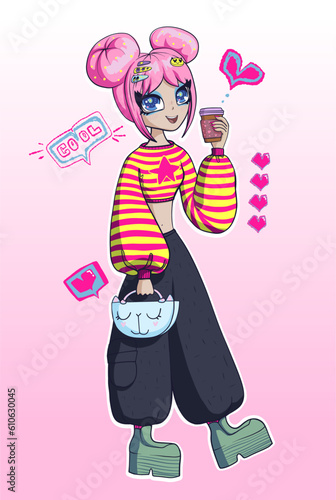 Anime School girl with pink hair drawing in comics style on light pink background. Manga teenager girl illustration. Women smiling with big eyes, text Hello. Female print. Pretty model. Pink hairstyle