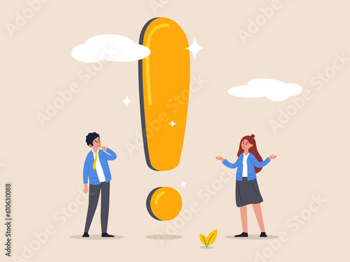 Attention or punctuation concept. Big exclamation mark for important information, answer or resolve problem, solution or risk warning, business people thinking on big problem exclamation point.
