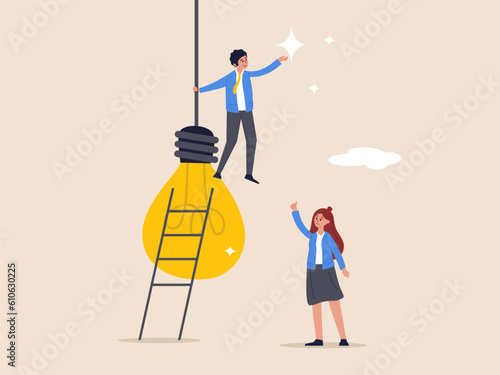 Courage to success concept. Initiative idea, leader or ambition to act to get solution and solve problem, motivation and challenge, businessman initiate solution climb up lightbulb to get solution.