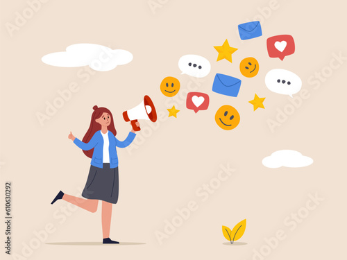 PR concept. Public relation or marketing communication, advertising campaign or social media marketing, online promotion or email newsletter, young woman PR speak on megaphone on social media.