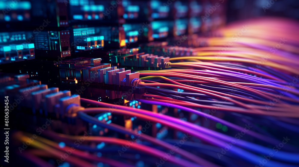 big database servers connection with Fiber optic cable internet, AI generative. big database servers connection with Fiber optic cable internet, AI generative.