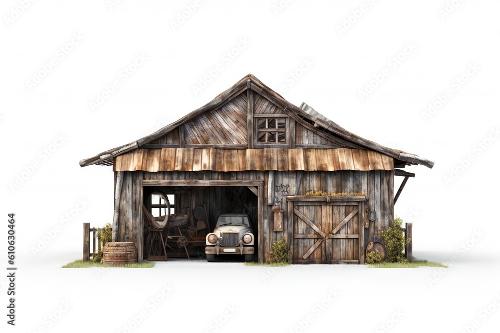 Old rustic garage for car repair on white background Generative AI Old rustic garage for car repair on white background Generative AI