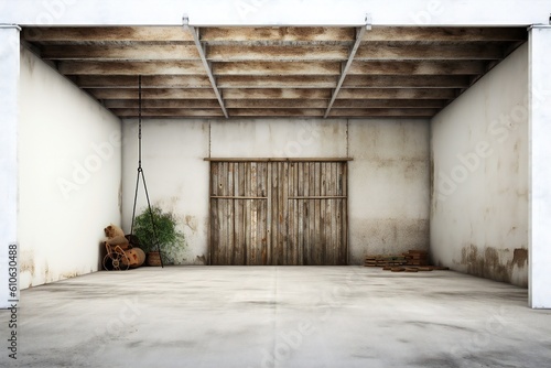 Old rustic garage for car repair on white background Generative AI