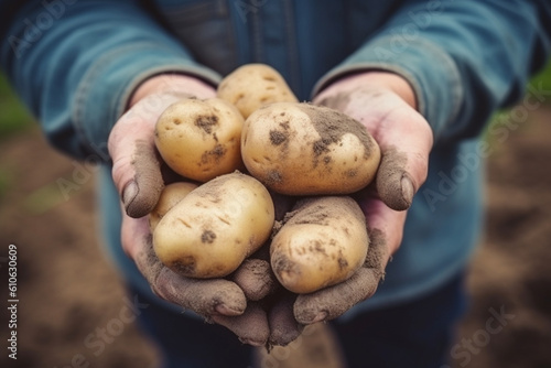 Organic potatoes or spud harvest in farmer hands in garden