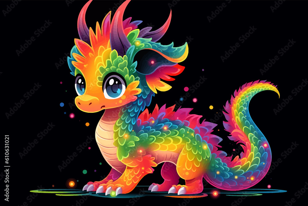 Super cute rainbow-colored little baby dragon with big black eyes. Fantasy monster. Small Funny Cartoon character. Fairy tale. Isolated on black. Full body. 3d vector illustration for children