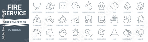 Fire service linear signed icon collection. Signed thin line icons collection. Set of fire service simple outline icons