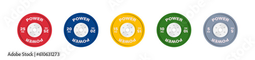 Barbell discs for powerlifting, weightlifting, crossfit. Set color icon. Gym sign symbol. Isolated vector illustration