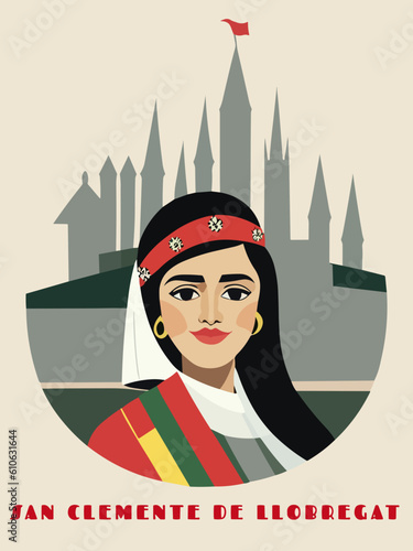San Clemente de Llobregat: Beautiful vintage-styled poster with a woman and the name San Clemente de Llobregat in Catalonia