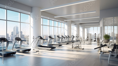A modern and sleek gym interior with floor-to-ceiling windows, flooding the space with natural light and offering panoramic views of the surrounding cityscape Generative AI