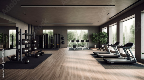 A minimalist gym design characterized by clean lines, neutral tones, and ample open space, providing a serene and focused environment for workouts Generative AI © Наталья Евтехова