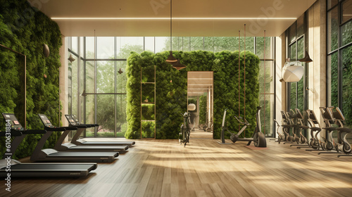 A nature-inspired gym design that integrates living green walls, natural wood accents, and large windows to create a refreshing and energizing workout space Generative AI
