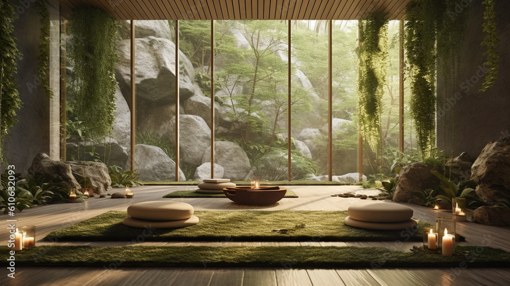 A tranquil and Zen-inspired yoga sanctuary featuring natural materials, such as bamboo flooring and a living moss wall, evoking a sense of calmness and balance Generative AI