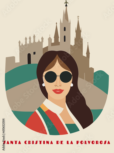 Santa Cristina de la Polvorosa: Beautiful vintage-styled poster with a woman and the name Santa Cristina de la Polvorosa in Castille-Leon