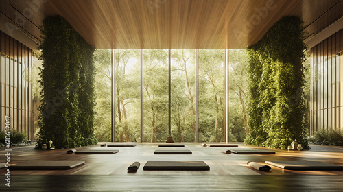 A tranquil and Zen-inspired yoga sanctuary featuring natural materials, such as bamboo flooring and a living moss wall, evoking a sense of calmness and balance Generative AI