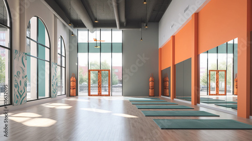 A modern and spacious yoga studio with high ceilings, mirrored walls, and vibrant accent colors, providing a vibrant and energizing space for practice Generative AI © Наталья Евтехова