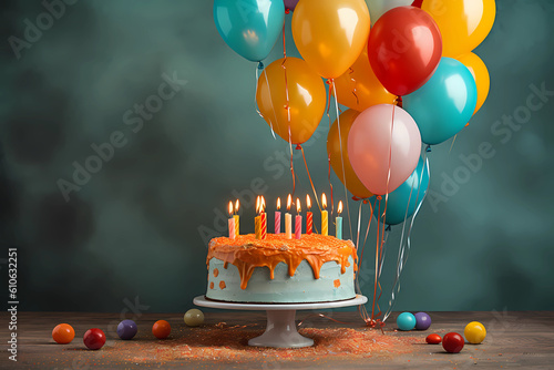 Birthday cake with balloon decoration. Generative AI
