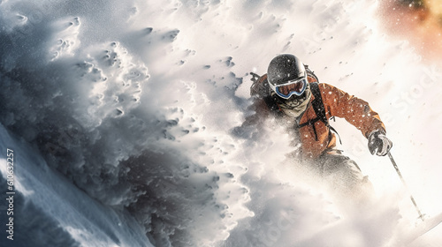 An action-packed shot of a snowboarder carving through fresh powder on a steep mountainside, leaving behind a trail of snow in their wake Generative AI