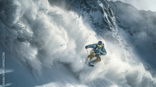 An exhilarating photograph of a snowboarder racing down a steep, narrow chute, navigating through tight turns and showcasing their speed and agility Generative AI