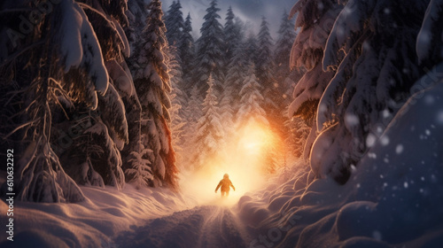 A mesmerizing image of a snowboarder riding through a winter forest, with snow-laden trees and a trail of powder, capturing the magic and freedom of the sport Generative AI © Наталья Евтехова