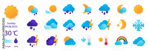 Weather icons. Clouds logo. Weather , clouds, sunny day, moon, snowflakes, wind, sun day. Vector illustration set