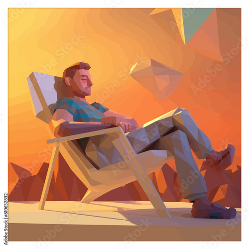 Man resting on the beach, low poly 3D rendering art, AI-assisted creation