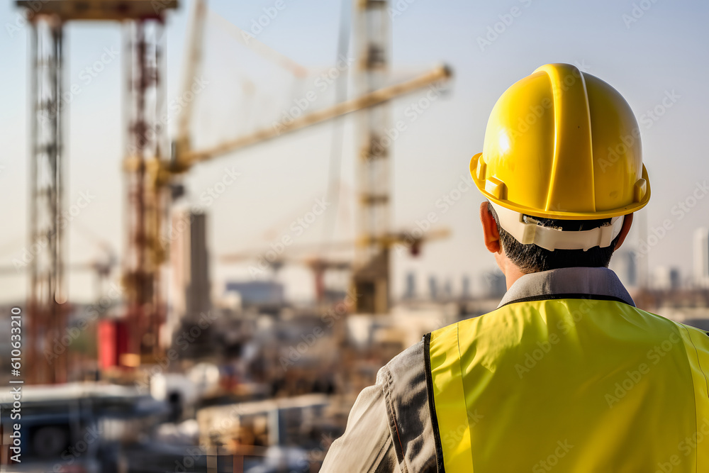 Construction Site Safety: Rear View of Engineer in Full PPE Monitoring Progress Construction Site Safety: Rear View of Engineer in Full PPE Monitoring Progress