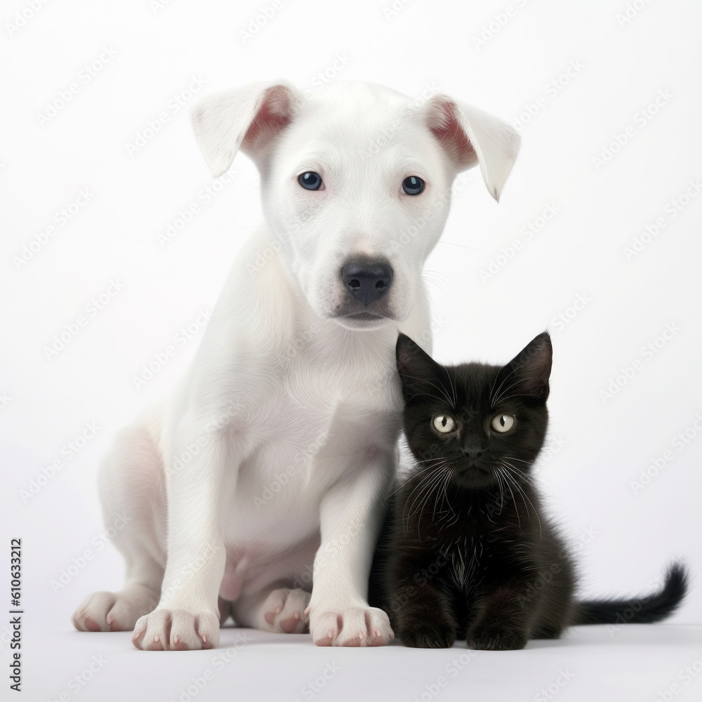 Cute cat and cute dog together on a white background, kitten and puppy, animal friendship. Generative Ai