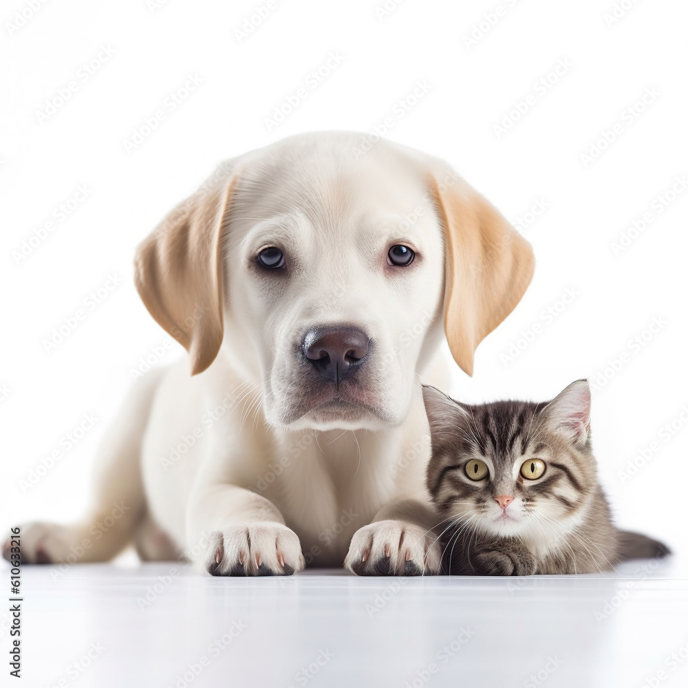Cute cat and cute dog together on a white background, kitten and puppy, animal friendship. Generative Ai