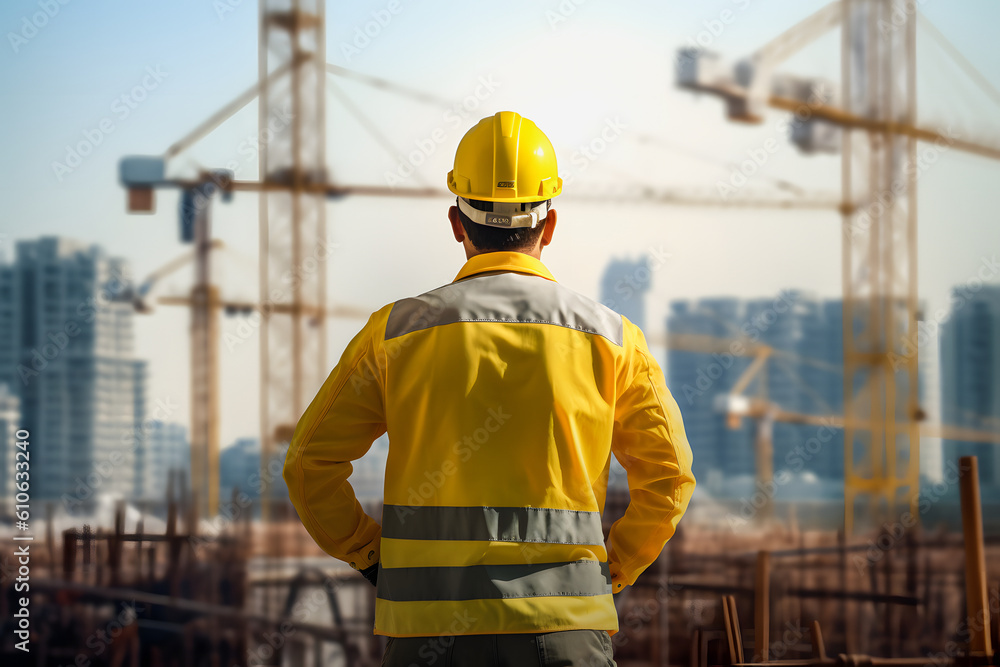 Building Construction: Engineer in Full PPE Observing Site with Tower Crane Background Building Construction: Engineer in Full PPE Observing Site with Tower Crane Background