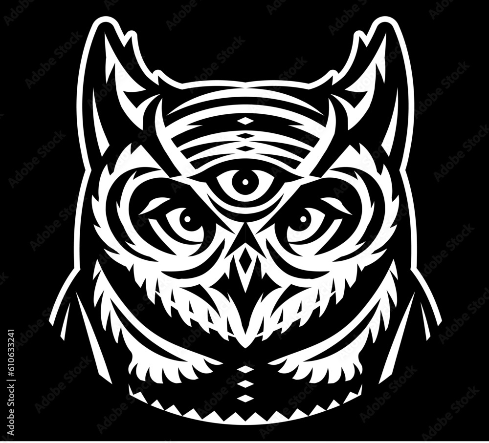White owl totem head with a third eye on a black background. Vector monochrome illustration. Template for design
