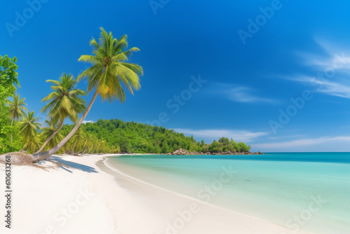 Panorama banner photo of idyllic tropical beach with palm tree