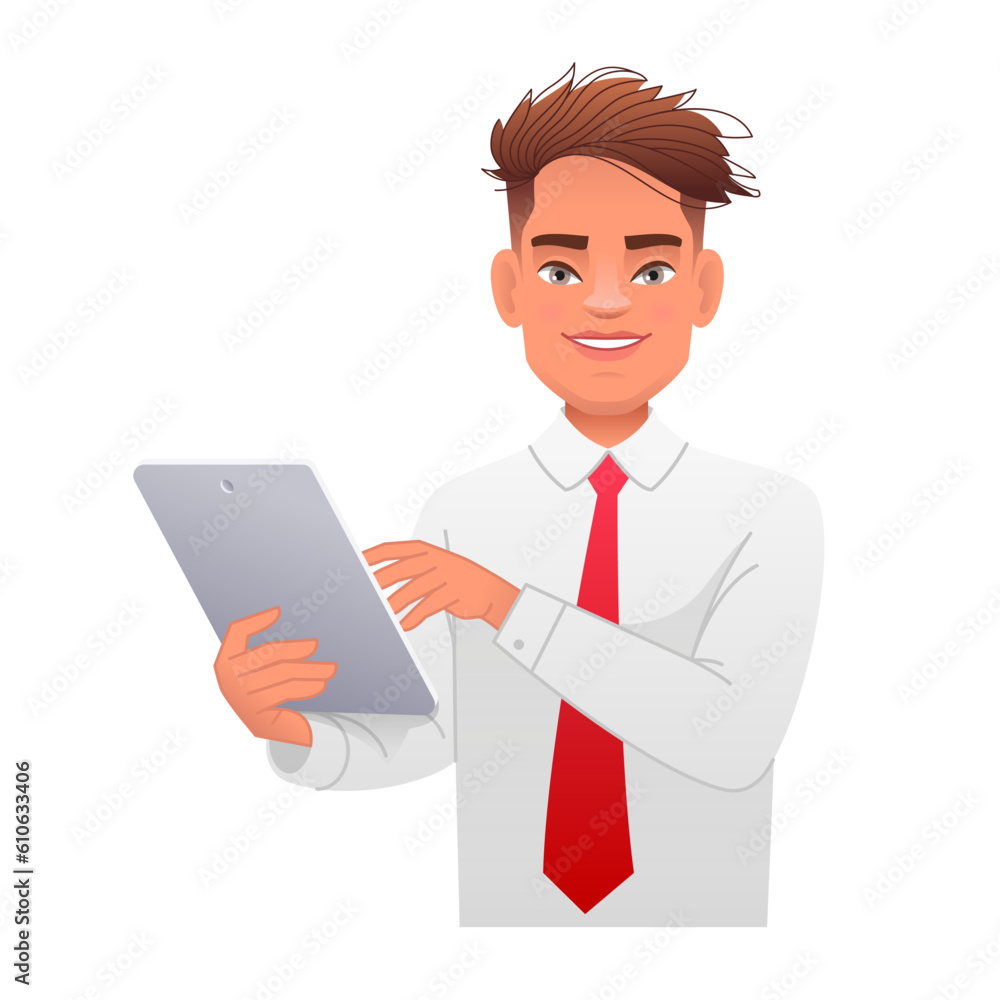 Happy businessman holds a tablet computer in his hand and gestures with his other hand. Internet surfing Happy businessman holds a tablet computer in his hand and gestures with his other hand. Internet surfing