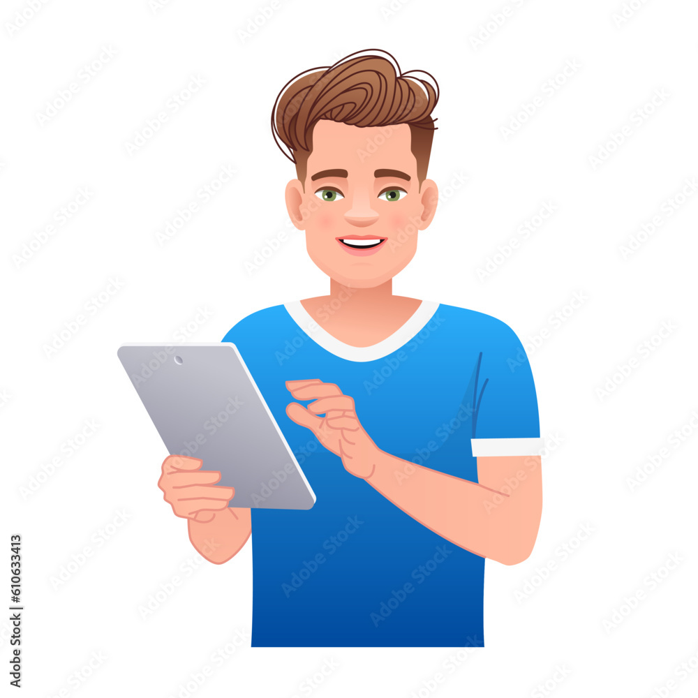Handsome white young man holds a tablet computer in his hand. Internet surfing and working in a mobile application. Handsome white young man holds a tablet computer in his hand. Internet surfing and working in a mobile application.