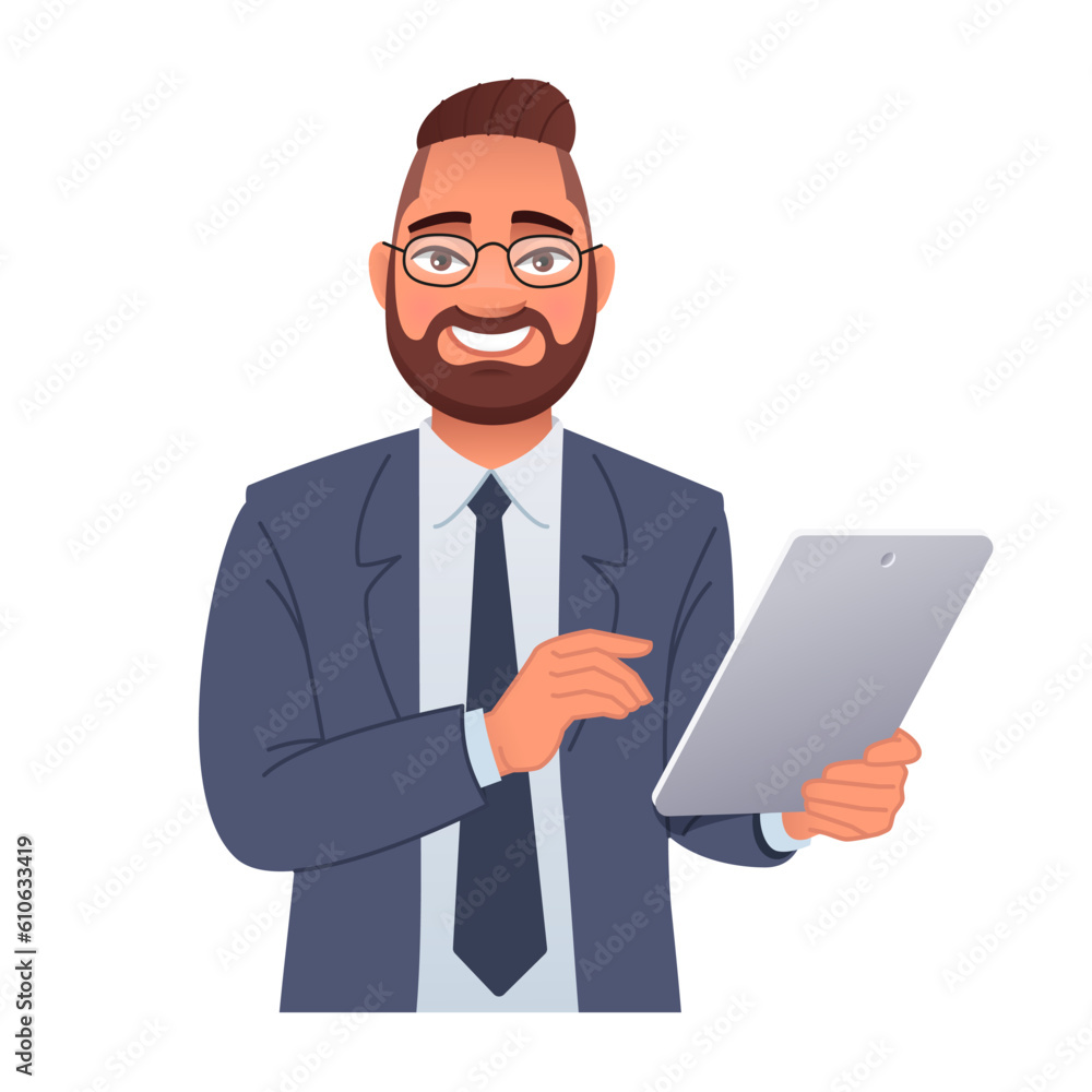 Smiling businessman with glasses holds a tablet computer in his hand. Internet surfing and working in a mobile application. Smiling businessman with glasses holds a tablet computer in his hand. Internet surfing and working in a mobile application.