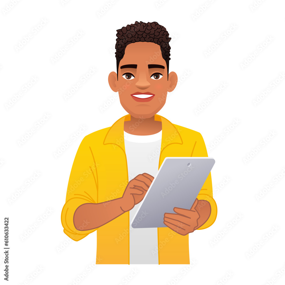 Black African guy is holding a tablet computer. Internet surfing and working in a mobile application. Black African guy is holding a tablet computer. Internet surfing and working in a mobile application.