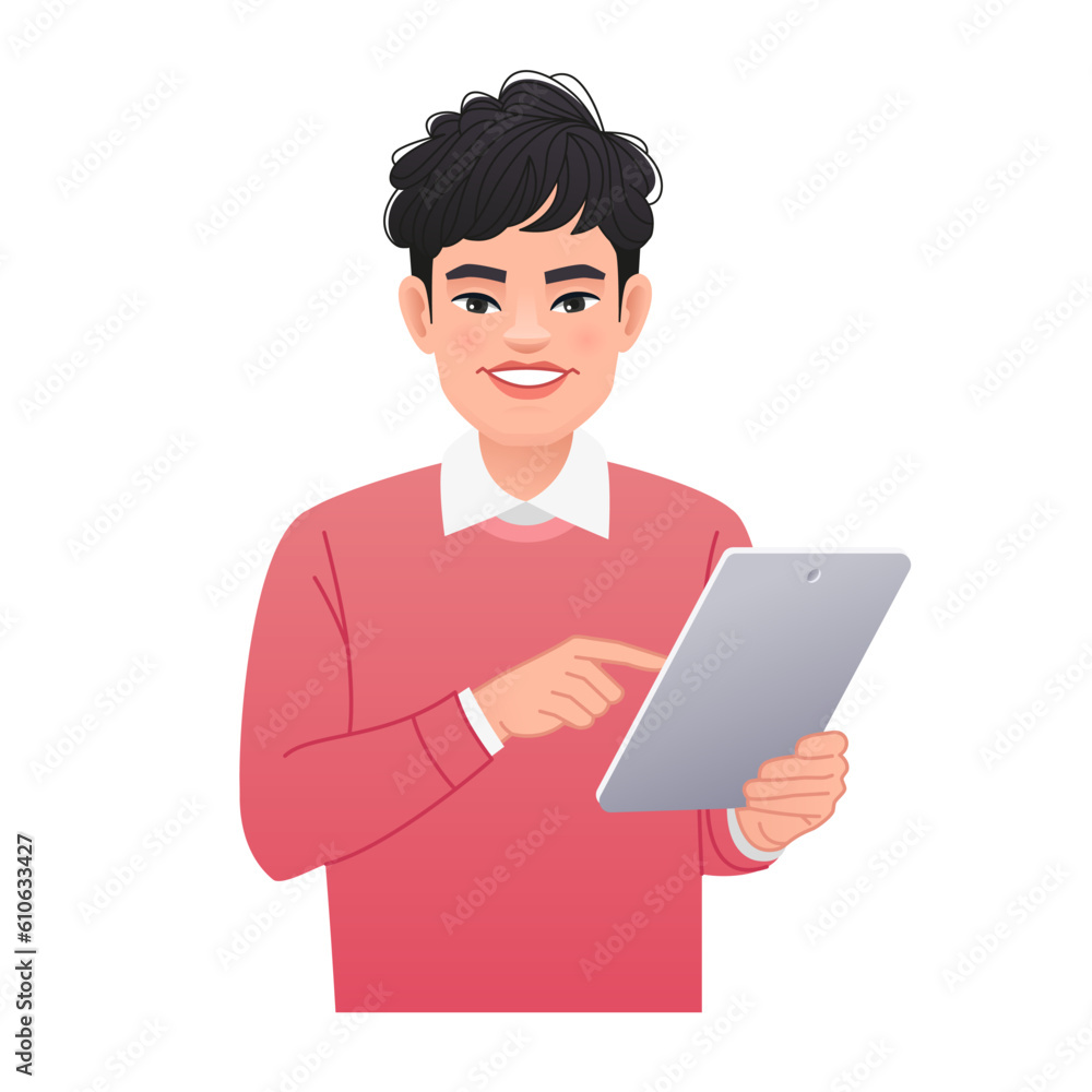 Young student holds a tablet computer in one hand and gestures with the other hand across the screen. Internet surfing Young student holds a tablet computer in one hand and gestures with the other hand across the screen. Internet surfing