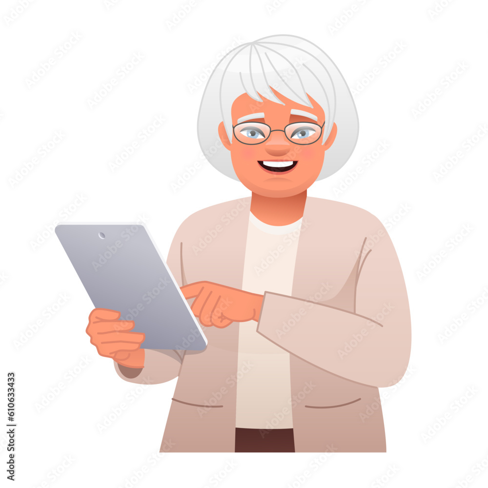 Happy elderly woman with glasses holds a tablet computer in her hand and gestures with her other hand. Internet surfing Happy elderly woman with glasses holds a tablet computer in her hand and gestures with her other hand. Internet surfing