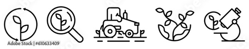 Conjunto de iconos de agronomía. Cultivos, plantas, maquinaria. Agricultura y ecología. Ilustración vectorial