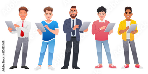 Set of happy men holding a tablet computer in their hands. Internet surfing and working in a mobile application.