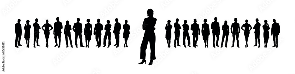 Businesswoman standing in front of group of business team silhouettes.